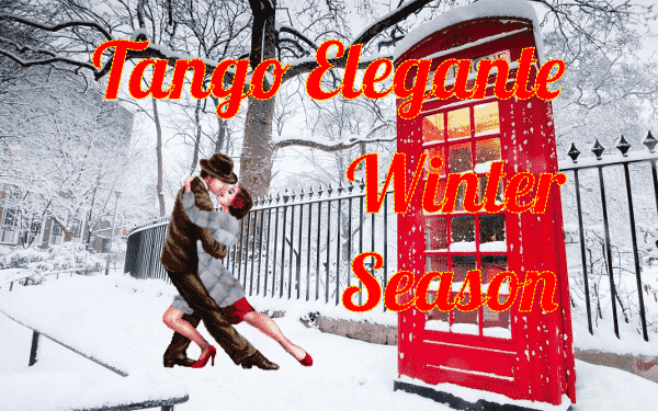 Tango Elegante Winter Season 2018 - a couple dancing in the snow next to an old UK telephone box